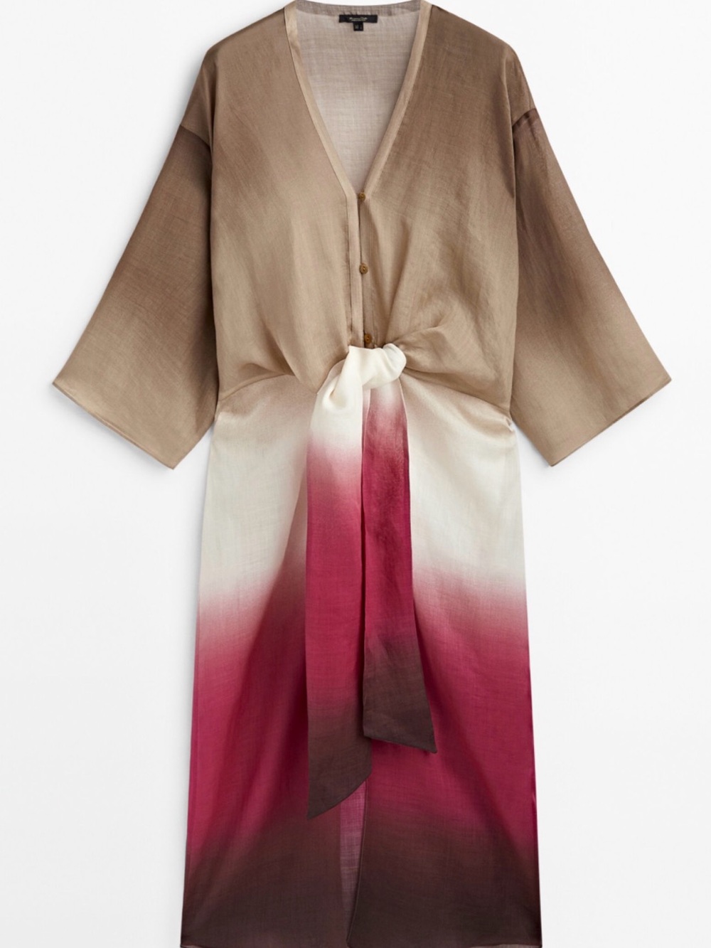 Massimo Dutti Ombre Tie-Front Kimono Cover-Up in Brown, Cream & Berry size M